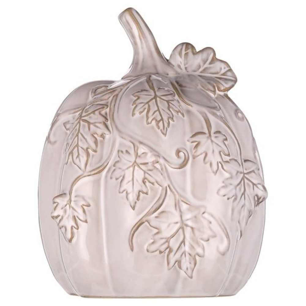 My Texas House Fall Small Ceramic Pumpkin with Vine Accents White, 7in
